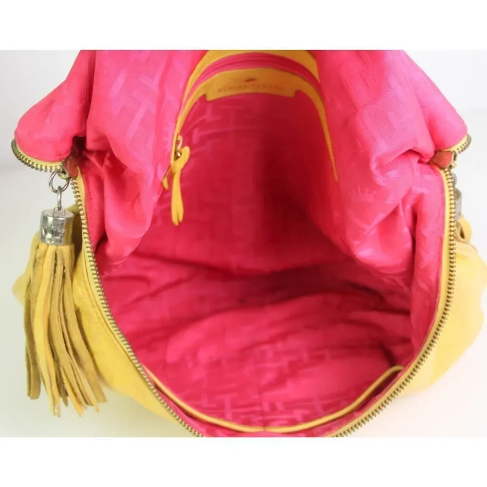 ROOMY Elaine Turner TOOLED YELLOW REAL LEATHER TASSELS SHOULDER BAG HOBO HANDBAG